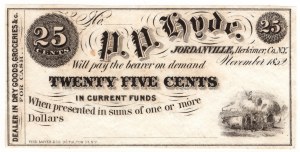 Spojené státy americké, 25 centů 1852, P.P. Hyde - Jordanville, New York