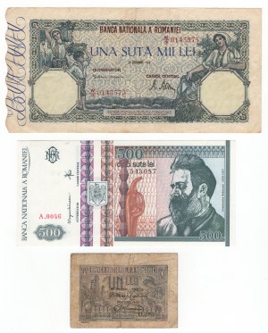 Romania, (100 000, 500, 1) lei - set di 3 pezzi