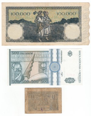 Roumanie, (100 000, 500, 1) lei - set de 3 pièces