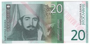 Juhoslávia, 20 dinárov 2000 - MAKULATÚRA, skúšobná bankovka