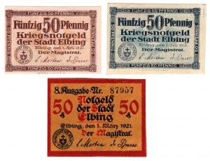 Elbląg (Elbing), 50 fenigów 1919, 1920, 1921, zestaw 3 sztuk