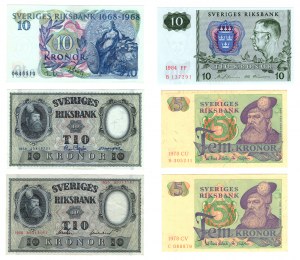 Švédsko, 2 x 5 korun 1978, 4 x 10 korun ( 1950, 1958, 1968, 1984), sada 6 kusů