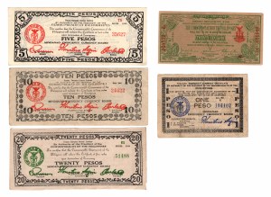 Filipíny, 20 centavos 1942 | 1 peso 1944 | 5 posos 1944 | 10 pesos 1944 | 20 pesos 1944, sada 5 kusů