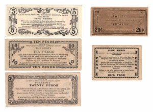 Philippines, 20 centavos 1942 | 1 peso 1944 | 5 posos 1944 | 10 pesos 1944 | 20 pesos 1944, ensemble de 5 pièces