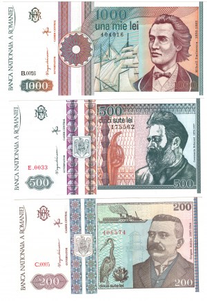 Romania, 1000 lei 1991 | 500 lei 1992 | 200 lei 1992, set of 3 pieces