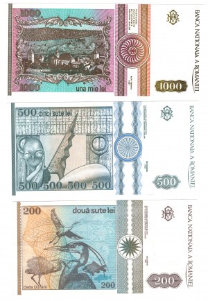 Roumanie, 1000 lei 1991 | 500 lei 1992 | 200 lei 1992, lot de 3 pièces