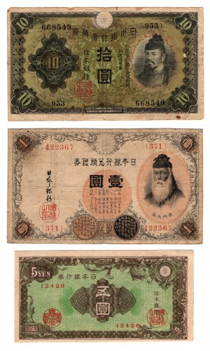 Giappone, 1 yen 1916 | 5 yen 1946 | 10 yen 1930, set di 3 pezzi