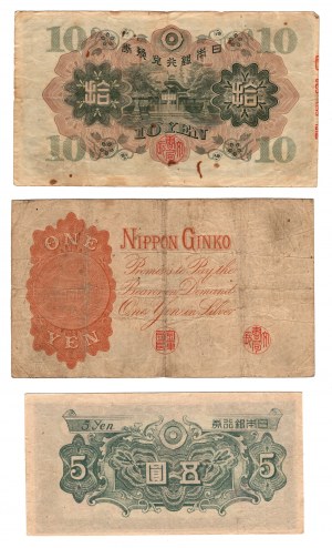 Japon, 1 yen 1916 | 5 yen 1946 | 10 yen 1930, ensemble de 3 pièces