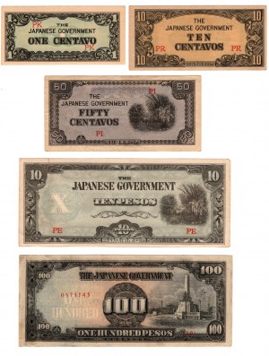 Filippine, 1 centavo, 10 centavos, 50 centavos, 10 pesos 1942, 100 pesos 1944, serie di 5 pezzi