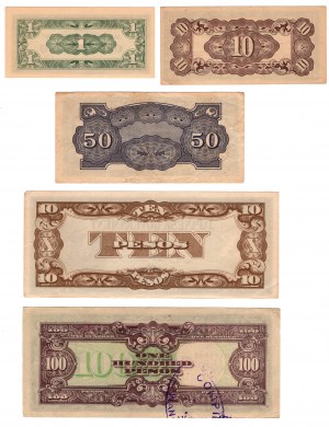 Philippines, 1 centavo, 10 centavos, 50 centavos, 10 pesos 1942, 100 pesos 1944, set of 5 pieces