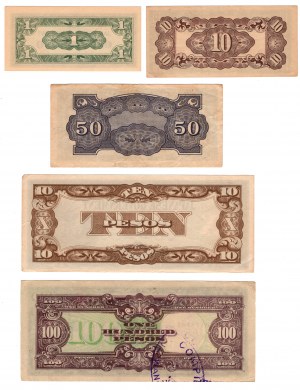 Filippine, 1 centavo, 10 centavos, 50 centavos, 10 pesos 1942, 100 pesos 1944, serie di 5 pezzi