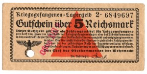 Germania, buoni per campi universali, Kriegsgefangenenb - Lagergeld - 5 Reichsmark, serie 2, con timbro OFLAG XIII B
