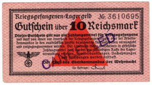Niemcy, Uniwersalne bony obozowe, Kriegsgefangenen - Lagergeld - 10 marek, ze stemplem CANCELLED - rzadki