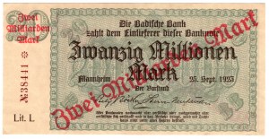 Nemecko, Bádensko, 20 miliónov mariek 1923 dotlač za 2 miliardy mariek, Mannheim