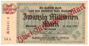 Německo, Bádensko, 20 milionů marek 1923 přetisk za 2 miliardy marek, Mannheim