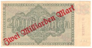 Niemcy, Badenia, 20 milionów marek 1923 przedruk na 2 miliardy marek, Mannheim