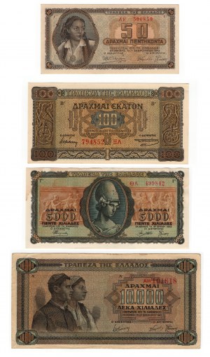 Greece, (10000, 5000, 100, 50) drachmai 1941-1943 - set of 4 pieces