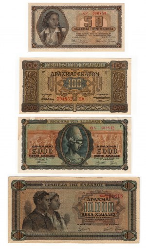 Grécko, (10000, 5000, 100, 50) drachmai 1941-1943 - sada 4 kusov