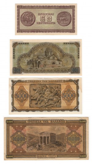 Grecja, (10000, 5000, 100, 50) drachmai 1941-1943 - zestaw 4 sztuk