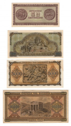 Grèce, (10000, 5000, 100, 50) drachmes 1941-1943 - ensemble de 4 pièces