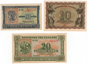 Grecia, (20, 10, 10) dracme 1940,1944 - set di 3 pezzi