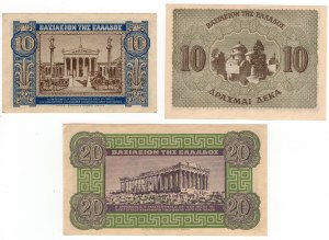 Řecko, (20, 10, 10) drachmai 1940,1944 - sada 3 kusů