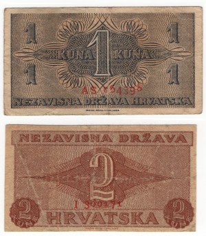Croatie, (1 kuna, 2 kune) 1942 - ensemble de 2 pièces