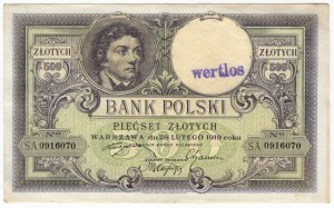 Polsko, 500 zlotých 1919, série SA - s razítkem - WERTLOS