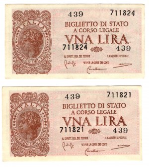 Italie, 1 lire 1944, ensemble de 2 pièces