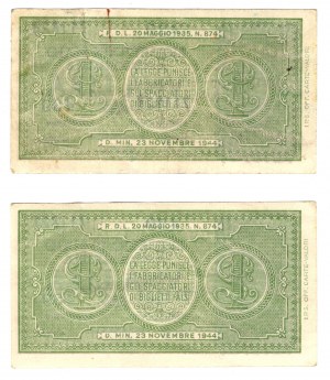 Italie, 1 lire 1944, ensemble de 2 pièces
