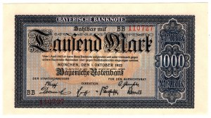 Německo, Bavorsko, 1000 marek 1922, Mnichov, série BB