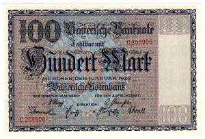 Německo, Bavorsko, 100 marek 1922, Mnichov