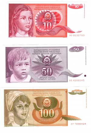 Jugoslávie, 10,50,100,500,1000 dinárů 1990, sada 5 kusů