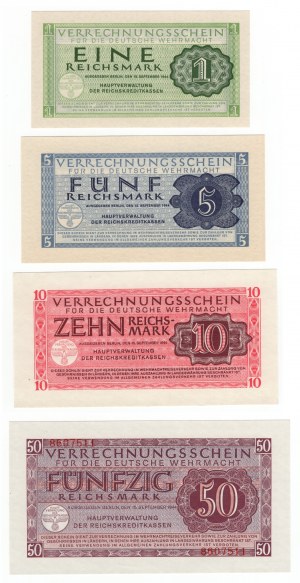 Deutschland, Wermacht, Beleg 1, 5, 10, 50 Mark 1944 - Satz zu 4 Stück