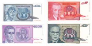 Jugoslávie, (5000, 1000, 500, 100) dinárů 1992, série AA - sada 4 kusů