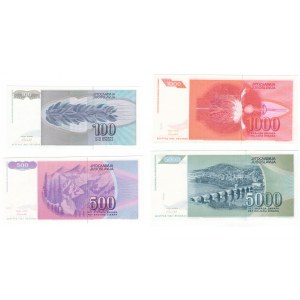 Jugosławia, (5000, 1000, 500, 100) dinara 1992, seria AA - zestaw 4 sztuk