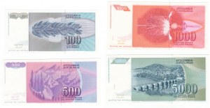 Juhoslávia, (5000, 1000, 500, 100) dinárov 1992, séria AA - sada 4 kusov