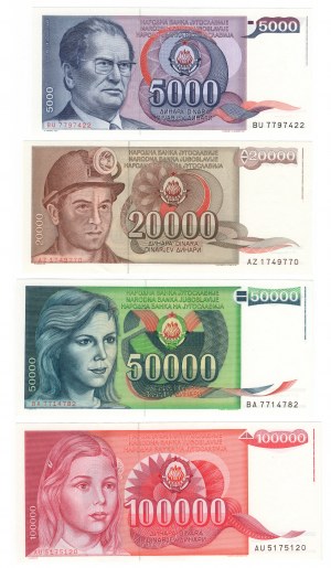 Juhoslávia, (100000, 50000, 20000, 5000) dinárov - sada 4 kusov