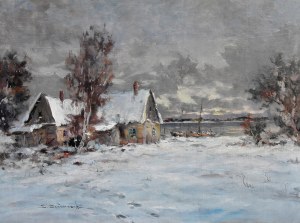 Eugeniusz DZIERZENCKI (1905-1990), „Zimowy pejzaż z domem nad brzegiem morza”