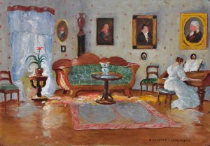 Bronisława RYCHTER-JANOWSKA (1868-1953), „Wnętrze salonu z dziewczyną przy fortepianie”