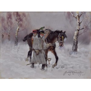 Jerzy KOSSAK (1886-1955), „Kirasjer prowadzący konia”, 1941