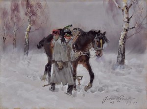 Jerzy KOSSAK (1886-1955), „Kirasjer prowadzący konia”, 1941