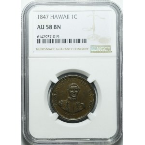 USA, Hawaje, Kamehameha III, 1 cent 1847, rzadki