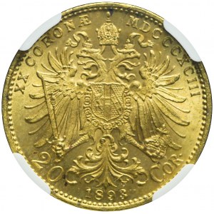 Austria, Franciszek Józef, 20 koron 1893, Wiedeń, piękne
