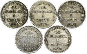 Russian Partition, Nicholas I, Set of five coins 15 kopecks = 1 zloty, St. Petersburg
