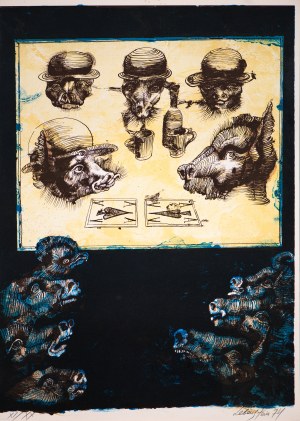 Jan LEBENSTEIN (1930-1999), Ilustracja do Folwarku zwierzęcego: Prawie niemożliwym było odróżnić człowieka od świni, 1974
