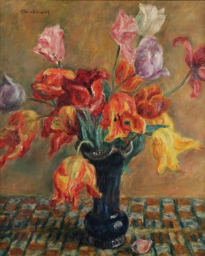 Józef PANKIEWICZ (1866-1960), Tulipany w niebieskim flakonie, ok. 1926