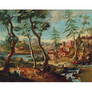 Malarz nieokreślony, XVII w., Pejzaż ze sztafażem i miastem w tle