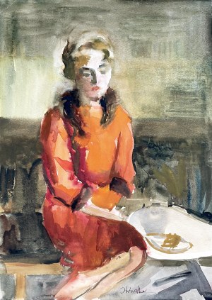 Irena Knothe (1904-1986), Pomarańczowa sukienka, lata 70. XX w.