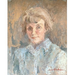 Irena Knothe (1904-1986), Portret kobiety w błękitnej koszuli, lata 60. XX w.